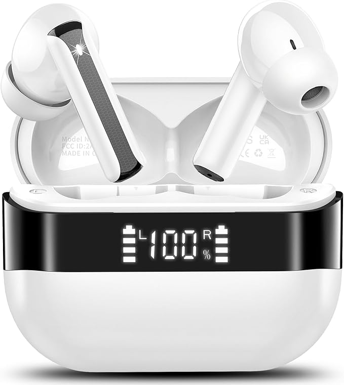 Wireless Earbuds, Bluetooth 5.4 Headphones with HiFi Stereo, in Ear Earphones with 4 ENC Mics, 48H Bluetooth Earbuds with LED Display Charging Case, IP7 Waterproof Ear Buds for Android iOS White
