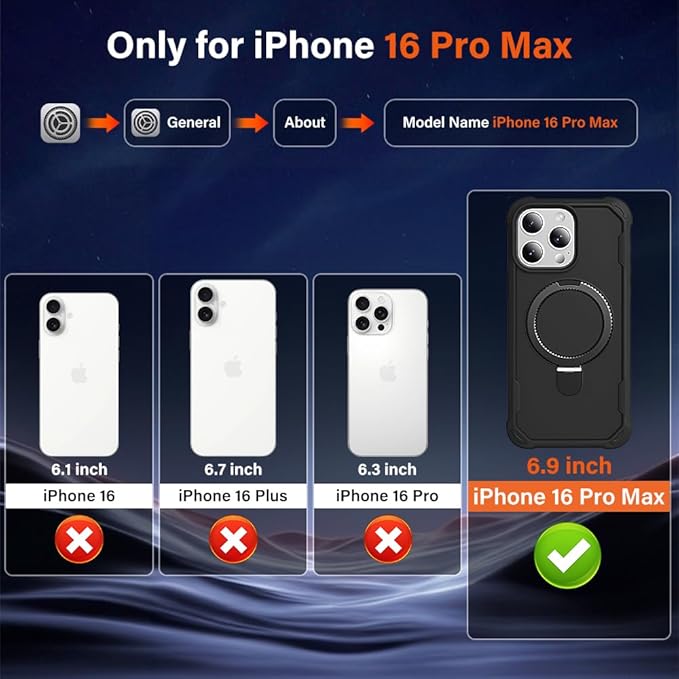 Designed for iPhone 16 Pro Max Case with Magnetic Stand [Military Drop Protection][Compatible with Magnet] Shockproof 16 Pro Max Phone Case with Ring Holder, Black