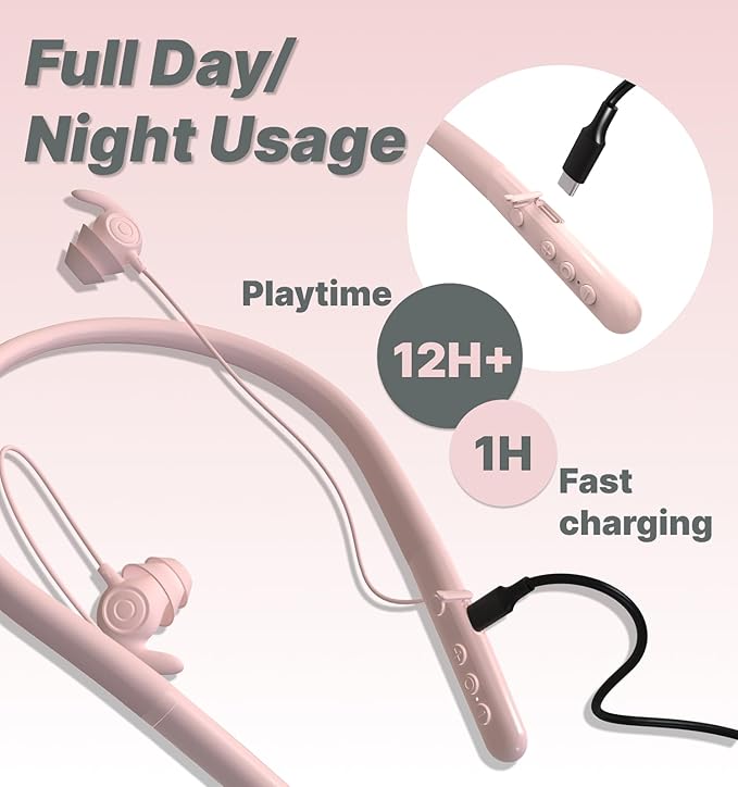 Hmusic HS88 Sleep Earbuds for Side Sleepers,Neckband Bluetooth Sleeping Headphones,-30dB Noise Isolate,Flat Thin Soft Silicone Earplug,12H Playtime w/Timer, for Yoga,Read,Air Travel,Audio Book