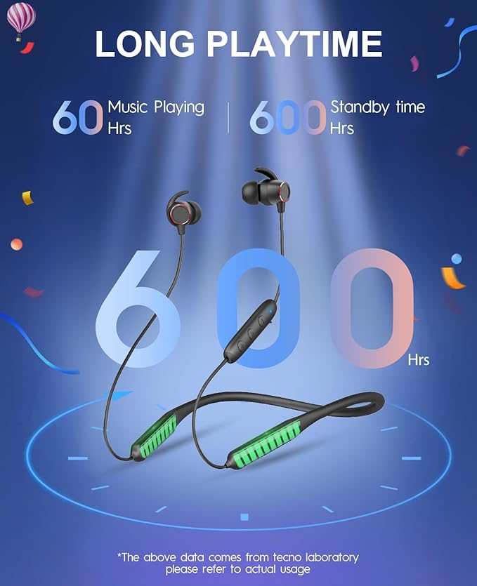 Tecno B1 Bluetooth Headphones, Bluetooth Earbuds Wireless with 60Hrs Playtime, Wireless Bluetooth Headphones for Sports, Sweatproof & IPX5 Waterproof Wireless Headphones（Black）