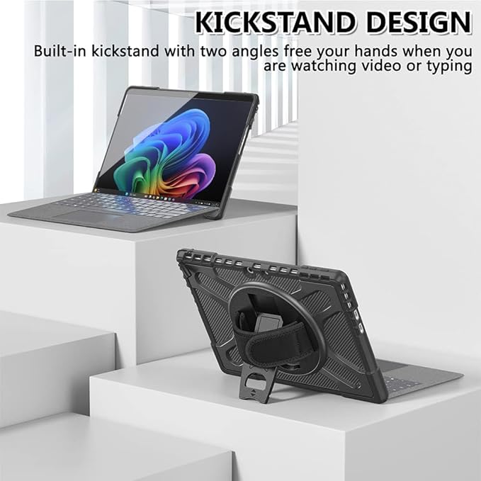 Junfire Protective Case for Microsoft Surface Pro 11/Pro 10/Pro 9, Shockproof Rugged Case 13 inch with 360°Rotatable Kickstand/Hand Strap/Stylus Holder, Compatible with Type Cover Keyboard-Black