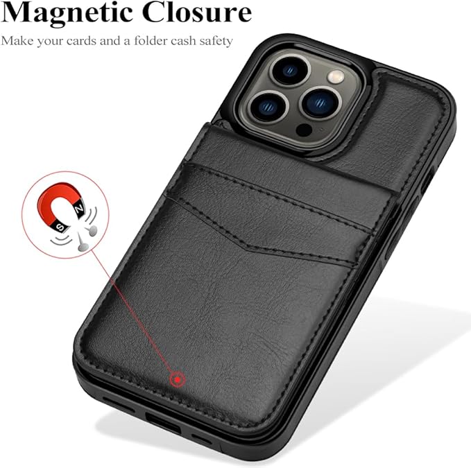 MMHUO for iPhone 14 Pro Case with Card Holder,Premium Leather Magnetic Clasp Flip Case for iPhone 14 Pro Wallet Case for Men Women,Protective Case Phone Case for iPhone 14 Pro,Black