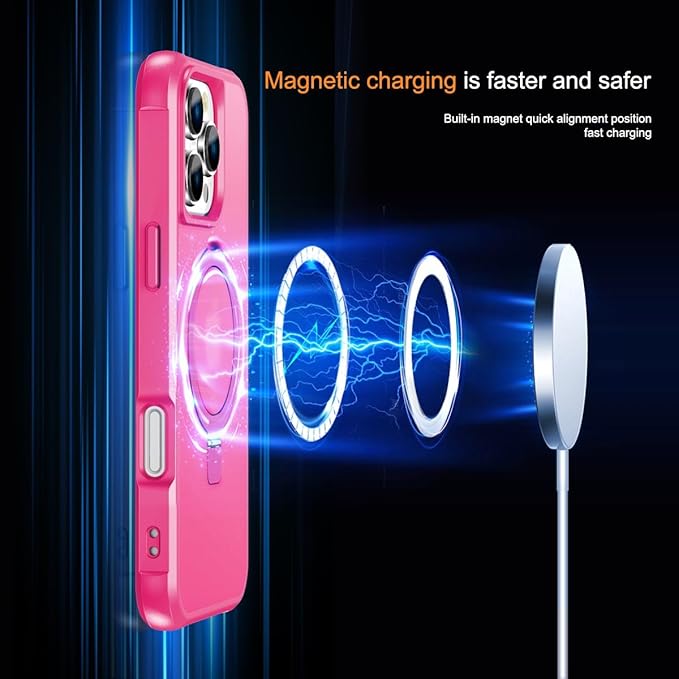 Magnetic Compatible with iPhone 16 Pro Max Case with Stand [Military Grade Drop Tested][Compatible with Magnet] Ring Translucent Slim Hard Back Soft Edge, Rose Red