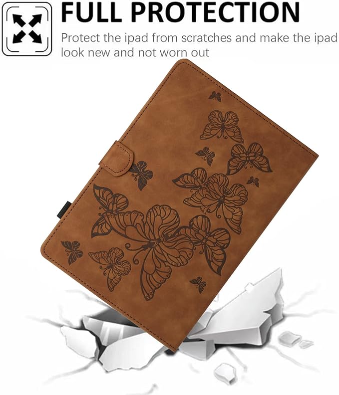 KEROM Case for Samsung Galaxy Tab A9+ Plus 11 Inch 2024 2023 (SM-X210/X216/X218), Embossed Suede Leather Folio Stand Cover with Auto Wake/Sleep & Card Slot & Pen Holder - Brown Butterfly Embossing