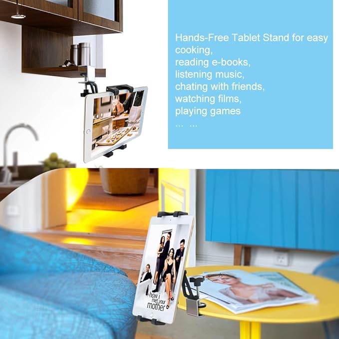 Under Cabinet Tablet Mount Holder, woleyi Kitchen iPad Mount Holder, Desk Aluminum Clamp Stand Compatible with iPad Pro 12.9 Air Mini, Galaxy Tabs, Surface Pro/Go, 5.5"-13" iPhone, Tablets and Devices