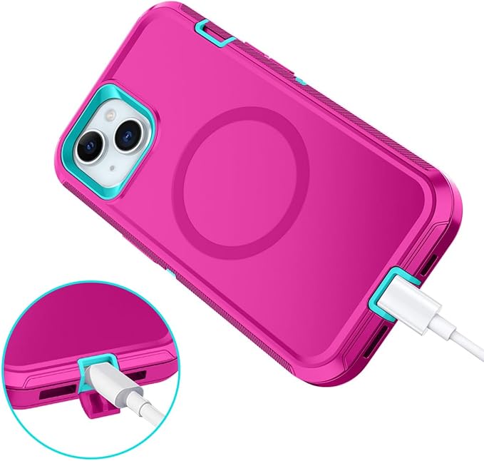 for iPhone 14 Plus Case,iPhone 15 Plus Case [Compatible with MagSafe] Shockproof 3-Layer Full Body Protection Rugged Heavy Duty Cover for Apple iPhone 14/15 Plus 6.7",Rose Red/Green
