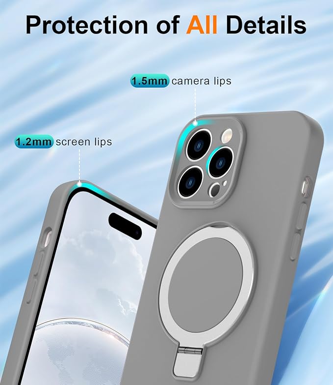 ZHK Liquid Silicone Designed for iPhone 15 pro max Case with Magnet Stand, [Precise Camera Lens Protection][Mil-Grade Drop Shockproof][Soft Anti-Scratch Microfiber Lining] Slim Fit Cover, Grey