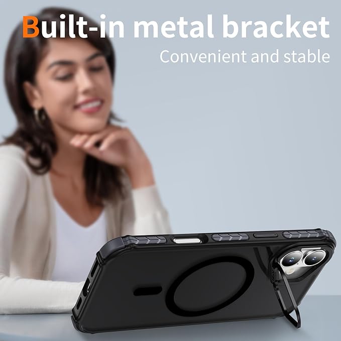 Magnetic for iPhone 16 Plus Case Black with MagSafe Wireless Charging Heavy Duty Military-Grade Shockproof Protection Adjustable Kickstand Slim Matte Anti-Fingerprint Cover Men Women