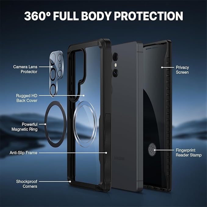 CENHUFO Magnetic Privacy for Samsung Galaxy S25 Ultra Case, Full Body Phone Case with Built-in 9H Tempered Glass Privacy Screen Protector and Camera Lens Cover, Shockproof Protective Bumper -Black