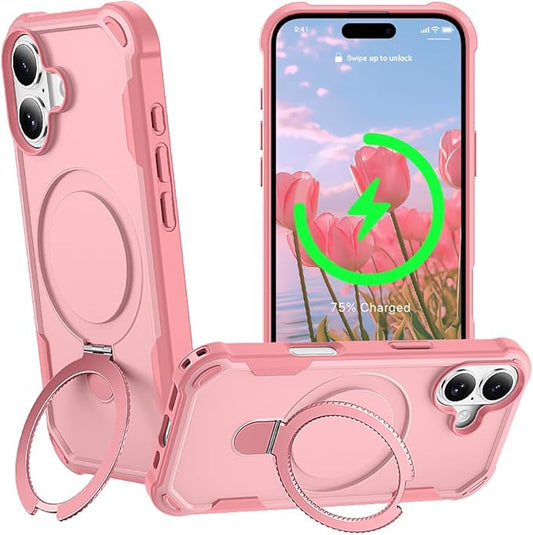 Designed for iPhone 17 Case with Magnetic Stand [Military Drop Protection][Compatible with Magnet] Shockproof 17 Phone Case with Ring Holder, Pink
