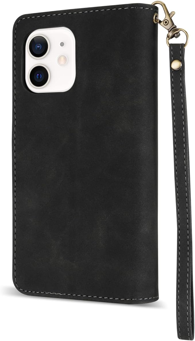 ZZXX for iPhone 12 Mini Wallet Case with Card Slot Premium Soft PU Leather Zipper Flip Folio Wallet with Wrist Strap Kickstand Protective for iPhone 12 Mini Case Wallet(Black 5.4 inch)