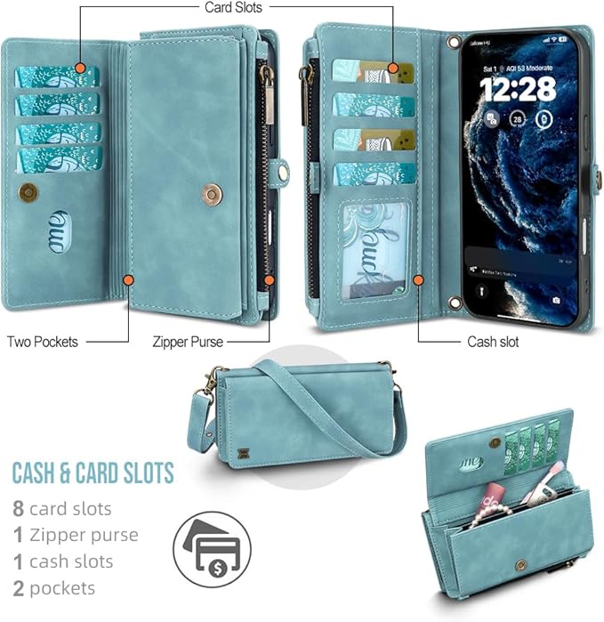 for iPhone Air Wallet Phone Case with 8 Card Holder,RFID Blocking | PU Leather | Kickstand | Flip | Wrist Strap&Shoulder Strap | Shockproof | Zipper Wallet | Women Men | 6.5" |Baby Blue