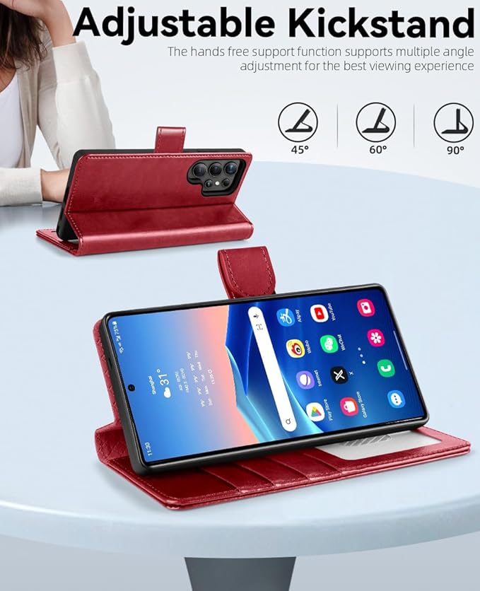 OCASE Compatible with Galaxy S25 Ultra Wallet Case, PU Leather Flip Folio Case with Card Holders RFID Blocking Kickstand [Shockproof TPU Inner Shell] Protective Phone Cover 2025, Red