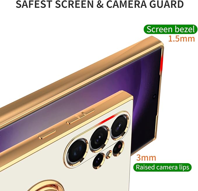 Dinick White for Samsung Galaxy S24 Ultra Case with Ring Holder Kickstand [with Magnetic] Soft TPU Bumper, Glitter Gold Electroplated Cover Slim Thin Protective Phone Case for Galaxy S24 Ultra