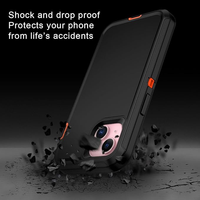 for iPhone 15 Case Shockproof Dust/Drop Proof 3-Layer Full Body Protection [Without Screen Protector] Rugged Heavy Duty Cover Case for Apple iPhone 15 6.1" 2023,Black/Orange