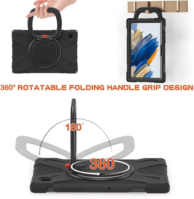 360 Rotation Case for Galaxy Tab A8 10.5" Sturdy Cover Rotate Ring Stand Shoulder Carrying Strap Hand Strap Rugged Children Adults Outdoor Case, Black
