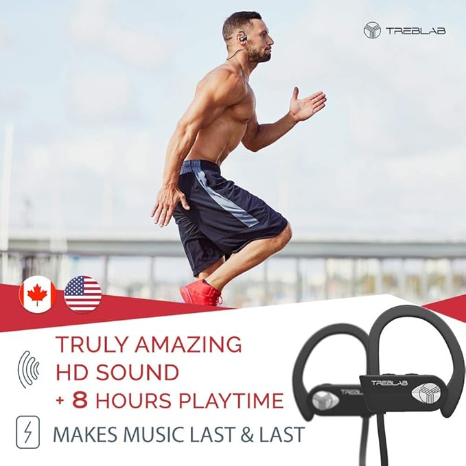 TREBLAB XR500 Bluetooth Running Headphones, IPX7 Waterproof, Noise Cancelling, Secure-Fit, Wireless Sport Earbuds with Mic