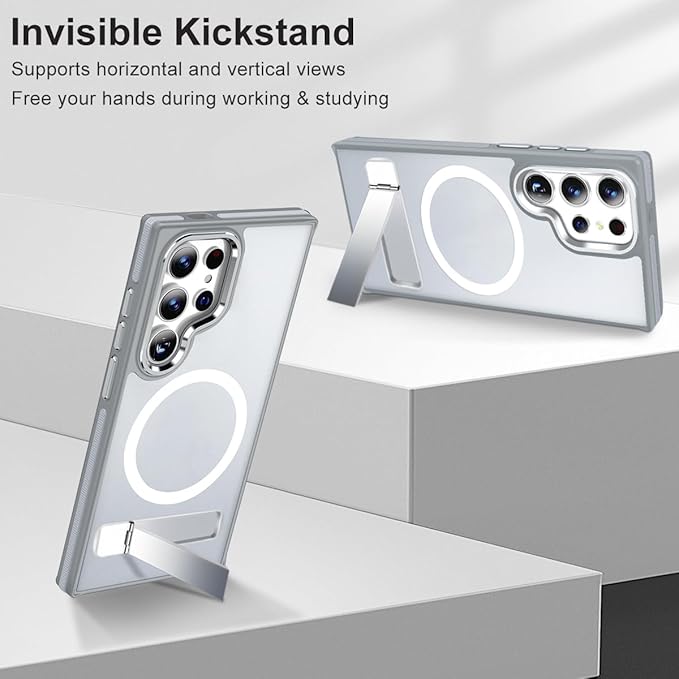 Magnetic Case for Samsung Galaxy S24 Ultra with Stand, Compatible with MagSafe, Anti-Slip Cover with Military-Grade Protection, Slim Phone Case for Galaxy S24 Ultra (Grey/White)