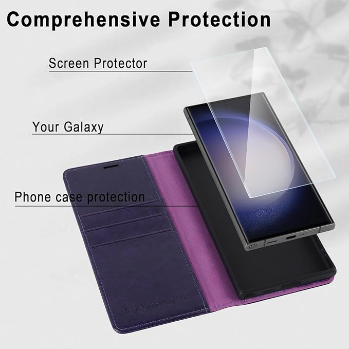 MONASAY Wallet Case Compatible for Galaxy S23 Ultra 5G,[RFID Blocking] Flip Folio Leather Cell Phone Cover with Credit Card Holder, 6.8 inch, Purple