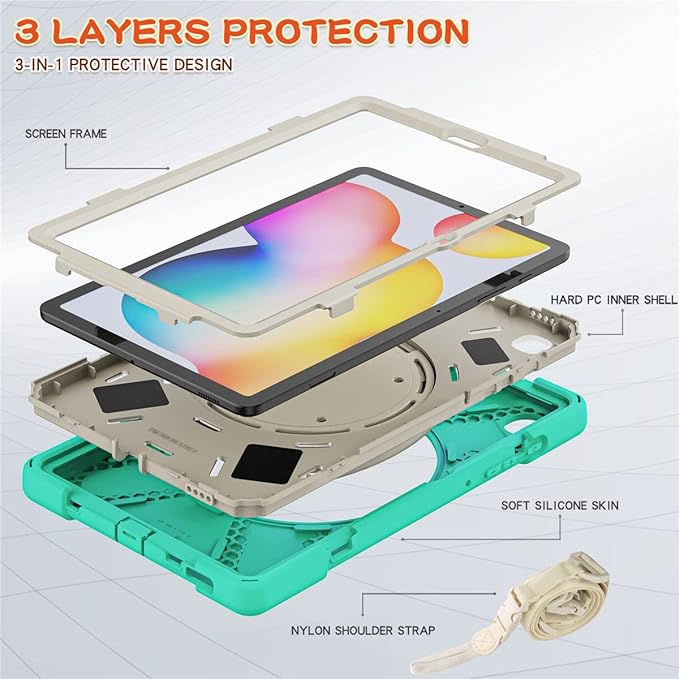 360 Rotation Case for Samsung Galaxy Tab S6 Lite 10.4" Sturdy Cover Rotate Ring Stand Shoulder Carrying Strap Hand Strap Rugged Children Adults Outdoor Case (MintGreen)
