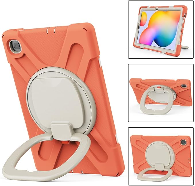 360 Rotation Case for Samsung Galaxy Tab S6 Lite 10.4" Sturdy Cover Rotate Ring Stand Shoulder Carrying Strap Hand Strap Rugged Children Adults Outdoor Case (Orange)