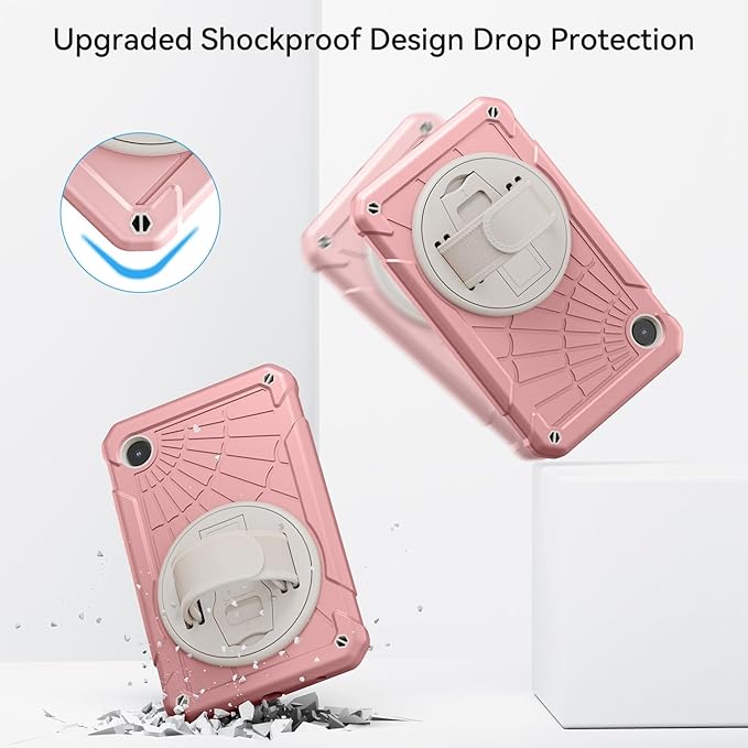 Case for Samsung Galaxy Tab A9 8.7 Inch 2023, 360° Rotating Stand, Hand Strap&Shoulder Strap Case for Samsung A9 Tablet(SM-X110/X115/X117) (Sakura Powder)