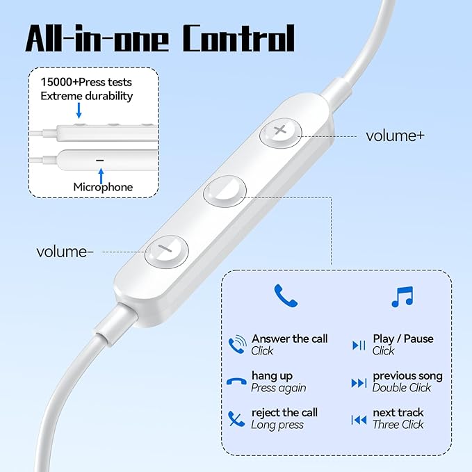 USB C Headphone for Samsung S25 S24 S23 Ultra FE S22 A55 A54 Wired Earbuds Magnetic in-Ear Type C Earphone with Mic Volume Control Stereo Noise Canceling Earbud for iPhone 17 Air 16 15 Pro Max Pixel 9