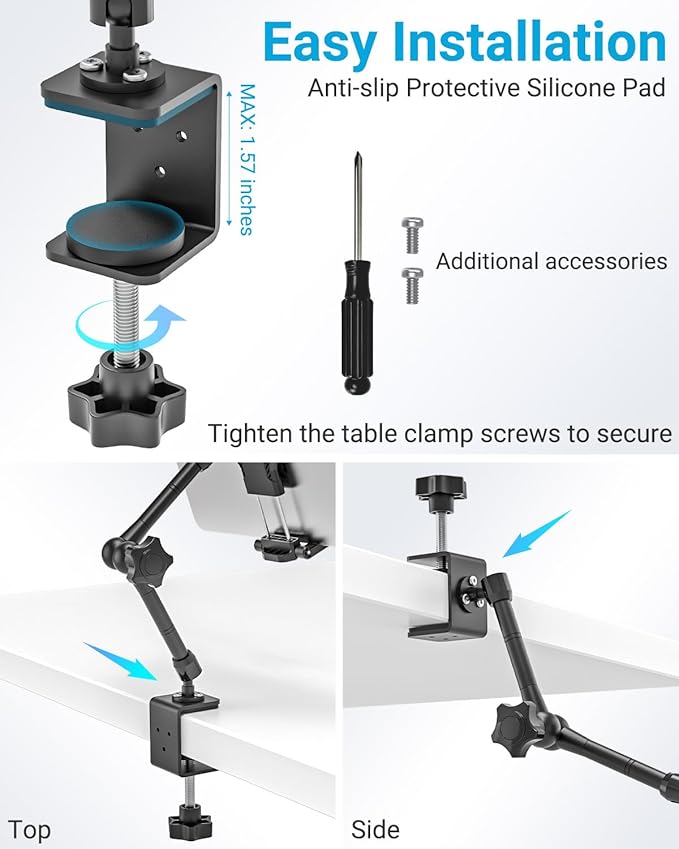 Metal Desk Tablet Mount, Fit for 6.1-15.6" Devices, Adjustable Phone Stand for Kitchen, Cabinet, Table, with 360° Foldable Rotation Aluminum Arm, Compatible with iPad Pro/Air/Mini, Galaxy Tab