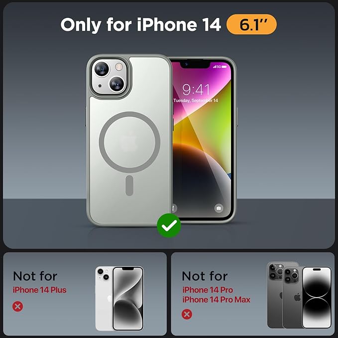 Miracase Magnetic for iPhone 14 Case 6.1 inch (Compatible with MagSafe)（with 2X Screen Protectors） Military-Grade Protection, Anti-Fingerprint Translucent Matte Phone Case Cover, Gray