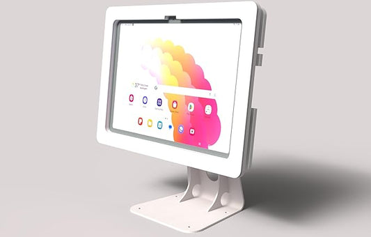 TABcare Anti-Theft Acrylic Case with 360 Rotate 180 Swivel Metal Desktop Stand & 90-Degree USB C Cable for Samsung Galaxy TAB Tablet (White, TAB S7+/S8+/S9+ 12.4 S7 FE S9 FE+)