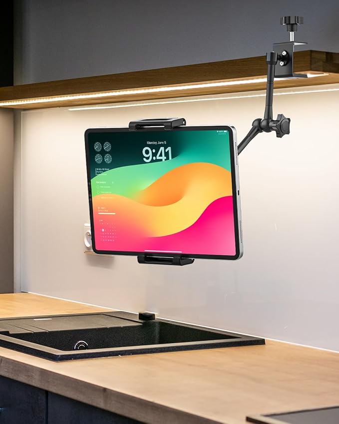 Aluminum Tablet Stand Holder for Desk Mount - [Small Portable] Tablet Holder for Kitchen, Bed Clip with 1.26" Depth Large Clamp for iPad Pro 13 Air Mini, Galaxy, Fire, Switch, iPhone, 6-15.6" Devices