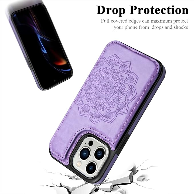 MMHUO for iPhone 14 Pro Case with Card Holder,Flower Magnetic Buttons Protective Wallet Case for Women for iPhone 14 Pro,Purple