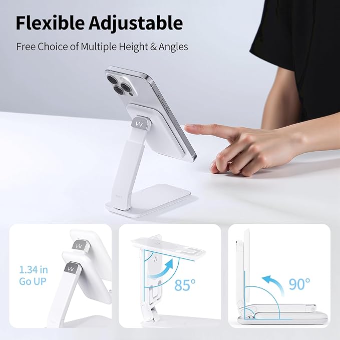iWALK Magnetic Cell Phone Stand for Desk, Angle and Height Adjustable Mobile Phone Holder, Foldable Magnet Stand for iPhone 16 15 14 13 12 Pro Max and iPad, Cell Phone Holder for Samsung Galaxy, White