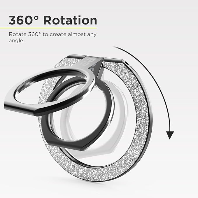 PureGear Magnetic Phone Grip Ring Stand, Magnetic Phone Ring Holder for MagSafe iPhone 16, 16Pro, 16Plus, 16ProMax, 15, 15Plus, 14, 14ProMax, 13,12, Adjustable Kickstand((Brushed Black Silver Glitter)
