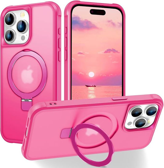 Magnetic Compatible with iPhone 15 Pro Case with Stand [Military Grade Drop Tested][Compatible with Magnet] Ring Translucent Slim Hard Back Soft Edge, Rose Red