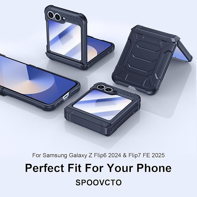 Military-Grade Protection ZFlip 6 / ZFlip 7 FE Case for Samsung Galaxy Z Flip 6 & Flip 7 FE: Shockproof TPU Frame, Hinge Protection, Glass Screen Protector, Anti-Slip Rugged Phone Cover (Dark Blue)