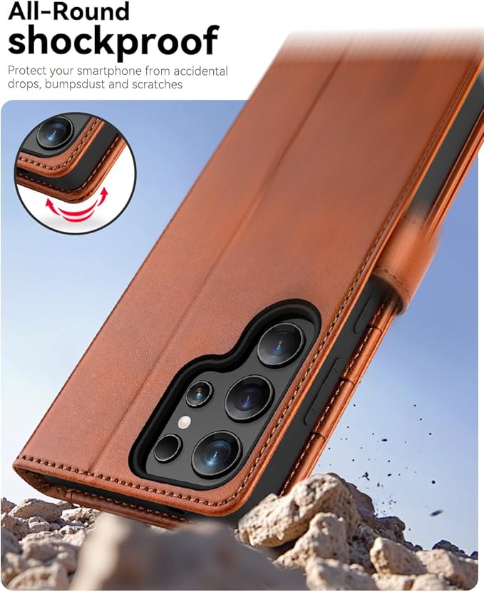 OCASE Compatible with Galaxy S25 Ultra Wallet Case, PU Leather Flip Folio Case with Card Holders RFID Blocking Kickstand [Shockproof TPU Inner Shell] Protective Phone Cover 2025, Brown
