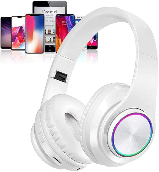 Bluetooth Over Ear Headphones, Deep Bass Colorful LED Lights Headphones with Mic, Lightweight Wireless Foldable HiFi Stereo Kids Headset for School Classroom/Home Travel/Office/PC/Cell Phone-White