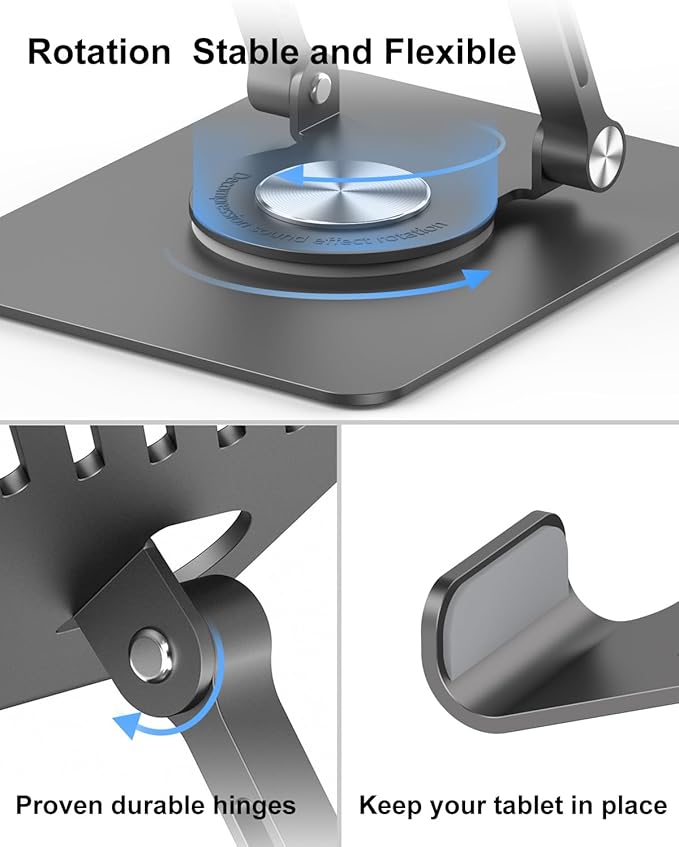 JUANWE Swivel iPad Stand for Desk, Aluminum Tablet Stand for Desk with 360 Rotating Base, Adjustable & Foldable iPad Holder, Compatible with Tablets, Switch, Kindle, Phone