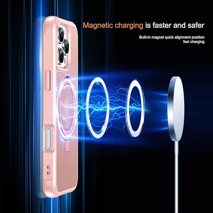 Magnetic Compatible with iPhone 16 Pro Case with Stand [Military Grade Drop Tested][Compatible with Magnet] Ring Translucent Slim Hard Back Soft Edge, Pink