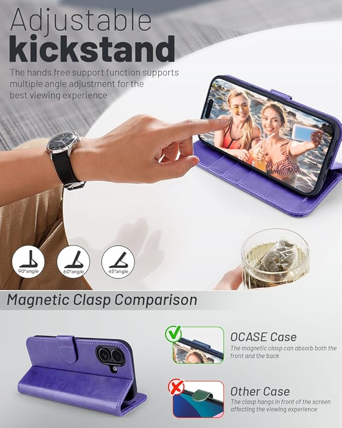 OCASE Compatible with iPhone 16 Wallet Case, PU Leather Flip Folio Case with Card Holders RFID Blocking Kickstand [Shockproof TPU Inner Shell] Phone Cover 6.1 Inch 2024, Purple
