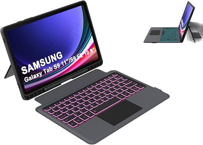 for Samsung Galaxy Tab S10 Lite/S9 FE 10.9" /S10 FE 10.9 inch/Tab S9 11 inch Case with Keyboard - 7 Color Backlit Tablet Cover with Touchpad - Magnetic Detachable Keyboard with S Pen Holder Black