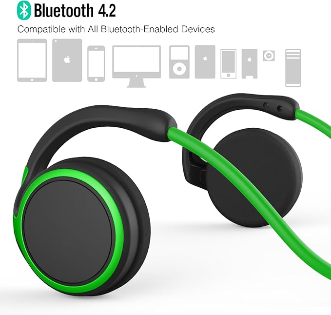 Small Bluetooth Headphones Wrap Around Head - Sports Wireless Headset with Built in Microphone and Crystal-Clear Sound, Foldable and Carried in The Purse, and 12-Hour Battery Life, Green