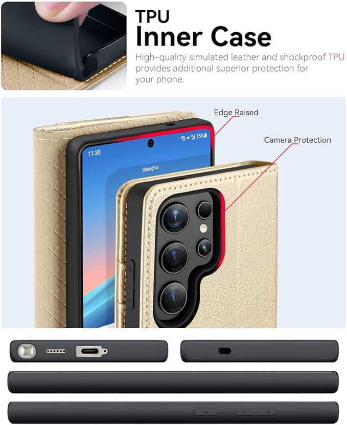 OCASE Compatible with Galaxy S25 Ultra Wallet Case, PU Leather Flip Folio Case with Card Holders RFID Blocking Kickstand [Shockproof TPU Inner Shell] Protective Phone Cover 2025, Gold