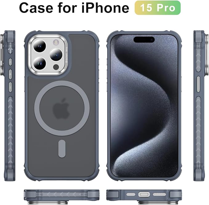 Magnetic for iPhone 15 Pro Case Gray with MagSafe Wireless Charging Heavy Duty Military-Grade Shockproof Protection Adjustable Kickstand Slim Matte Anti-Fingerprint Cover Men Women