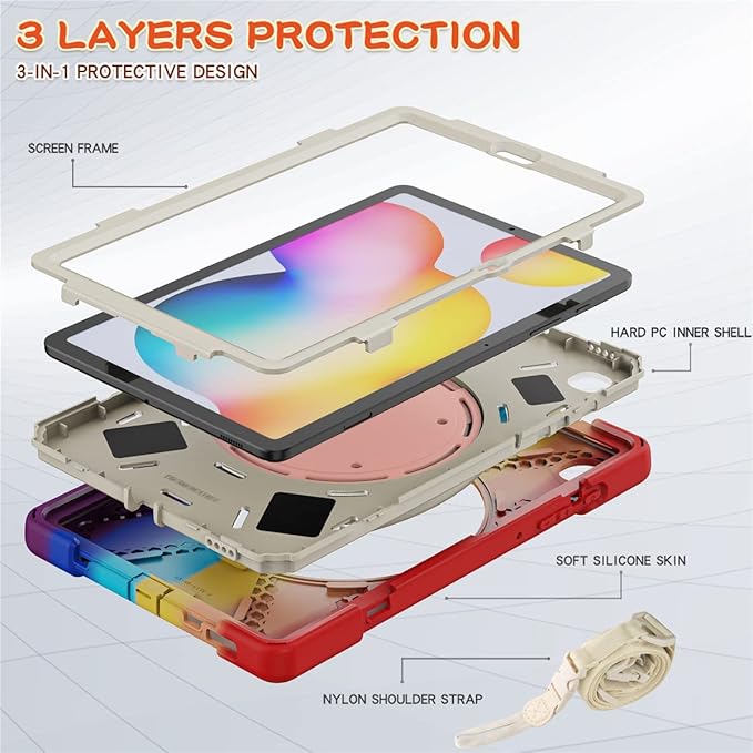 360 Rotation Case for Samsung Galaxy Tab S6 Lite 10.4" Sturdy Cover Rotate Ring Stand Shoulder Carrying Strap Hand Strap Rugged Children Adults Outdoor Case (Colourful Red)