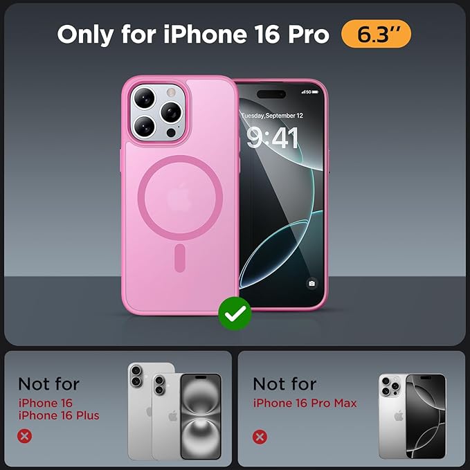 Miracase Magnetic Series for iPhone 16 Pro Case [Compatible with MagSafe] [with 2X Screen Protectors] Military-Grade Protection, Anti-Fingerprint, Slim Phone Case for 16 Pro 6.3 inch - Mes Pink