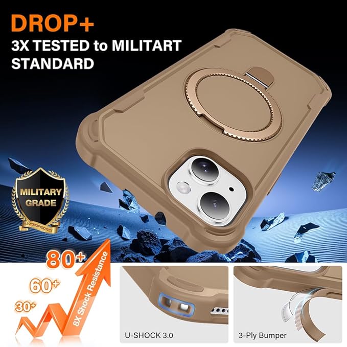 Designed for iPhone 15 Case with Magnetic Stand [Military Drop Protection][Compatible with Magnet] Shockproof 15 Phone Case with Ring Holder, Khaki