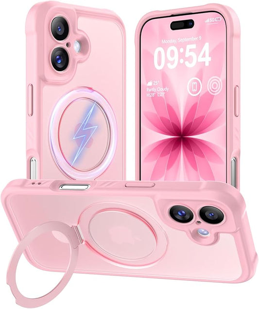 MOCCA Compatible with iPhone 17 Case with Magnetic Invisible Stand [Full Camera Protection] [Compatible with Magsafe] Military Drop Shockproof Translucent Matte Phone Case Cover 6.3",Pink