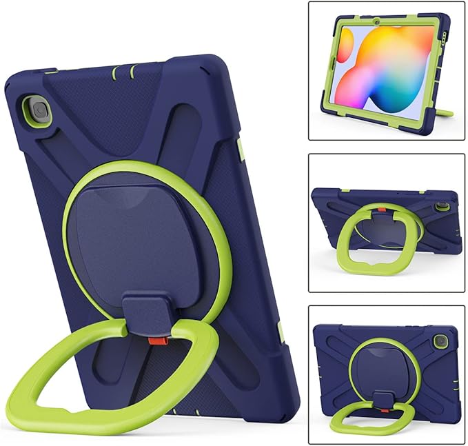 360 Rotation Case for Samsung Galaxy Tab S6 Lite 10.4" Sturdy Cover Rotate Ring Stand Shoulder Carrying Strap Hand Strap Rugged Children Adults Outdoor Case (Navy+Green)